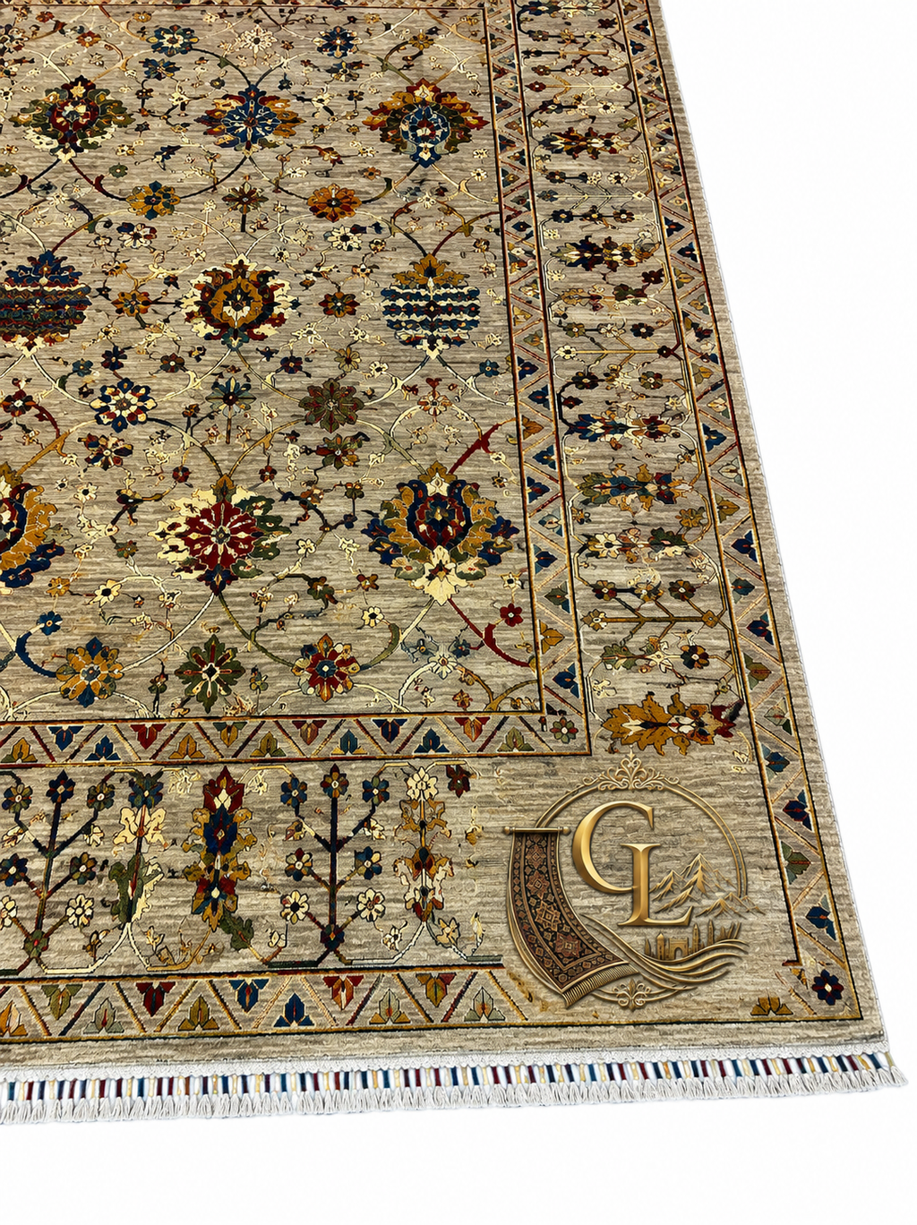 Hand-knotted Afghan Ziegler carpet with silver-grey field and multicolor floral all-over design, Golden Loom Afghanistan
