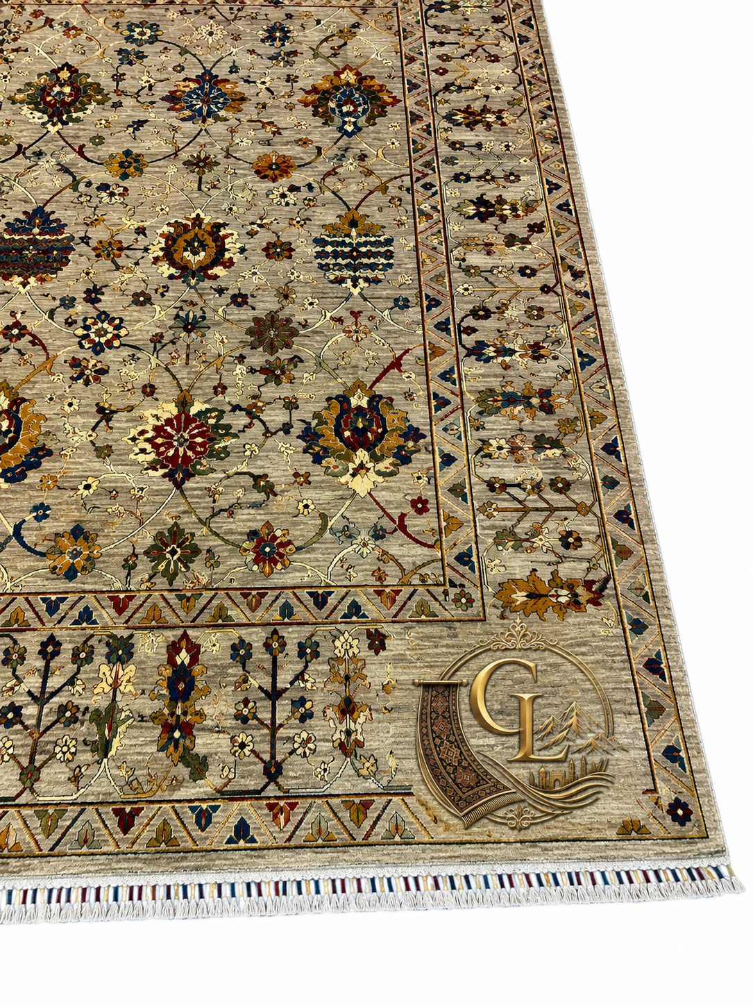 Hand-knotted Afghan Ziegler carpet with silver-grey field and multicolor floral all-over design, Golden Loom Afghanistan