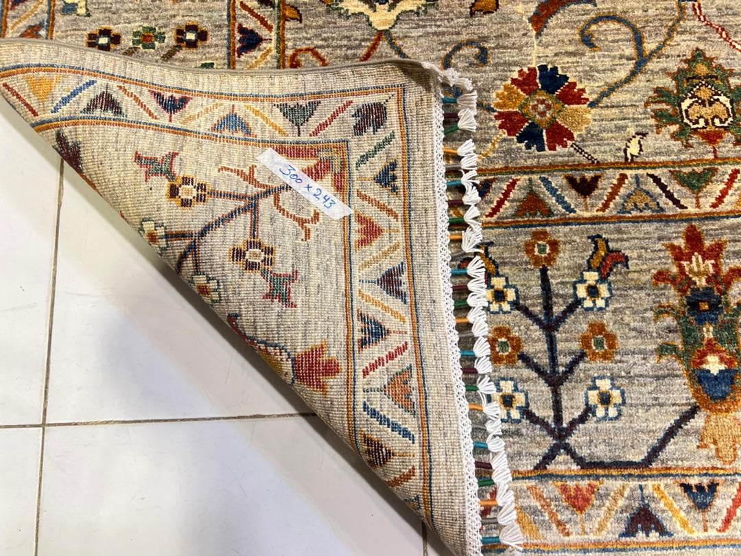 Detail of Afghan rug reverse showing tight hand-knotted construction and multicolor wool pile, 300x243 cm