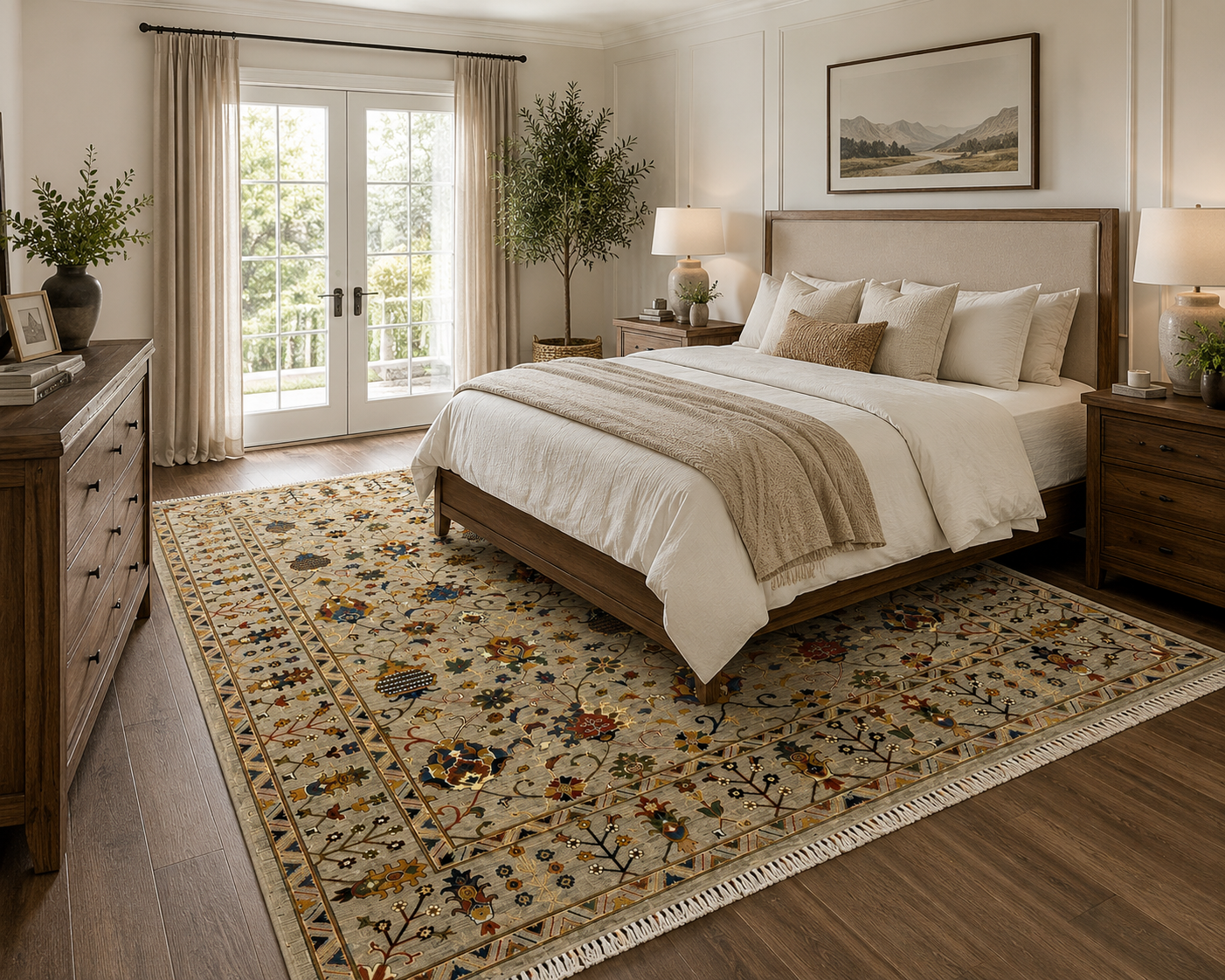 Hand-knotted Afghan floral rug in ivory and earth tones styled in a bright farmhouse bedroom, Golden Loom Afghanistan