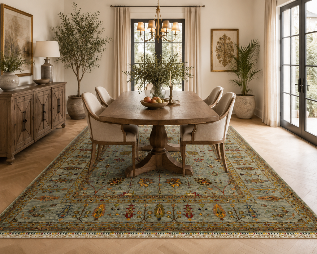 Chobi Sultani Diamond Afghan carpet 248x281cm styled under dining table in elegant neutral interior, sage blue-grey field with saffron and crimson floral design, hand-knotted wool, Jawzjan Afghanistan