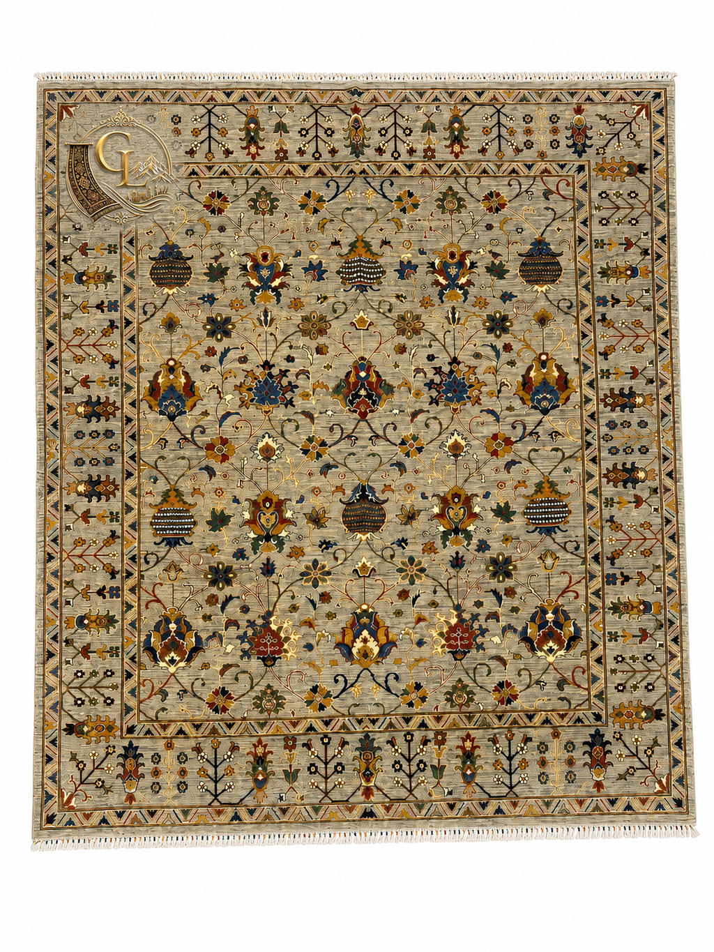 Hand-knotted Afghan carpet with floral and botanical motifs on a silver-grey ground, Golden Loom Afghanistan