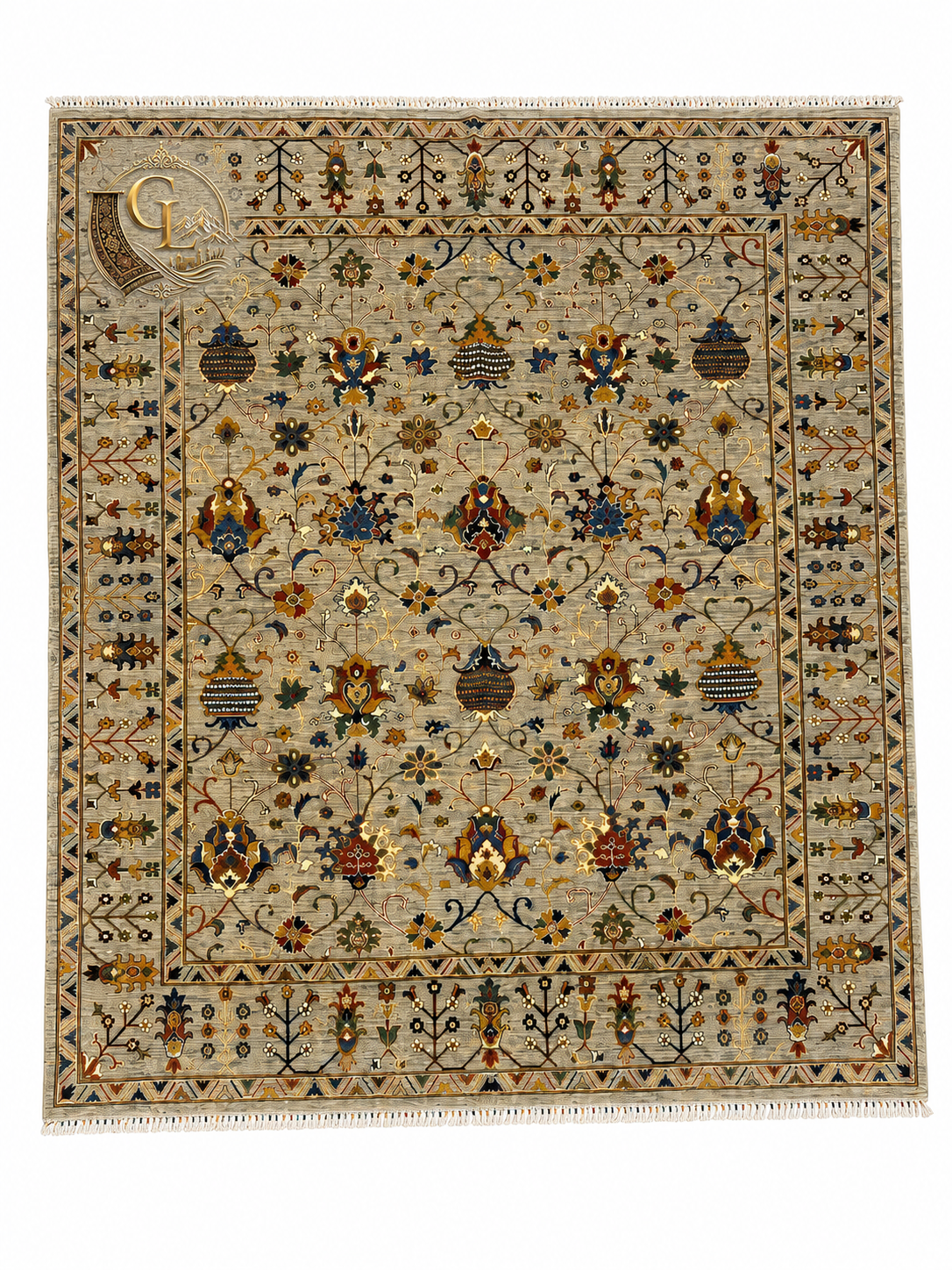 Hand-knotted Afghan carpet with floral and botanical motifs on a silver-grey ground, Golden Loom Afghanistan