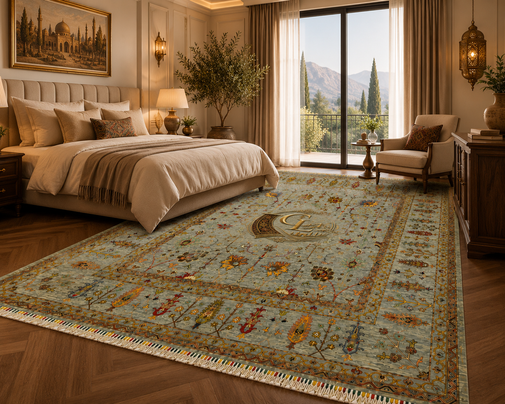 Chobi Sultani Diamond hand-knotted Afghan carpet in luxury bedroom setting, sage blue-grey with all-over botanical motifs in saffron, olive and crimson, Golden Loom Afghanistan