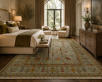 Large Chobi Sultani Diamond Afghan carpet 6.96sqm in grand master bedroom, sage blue-grey hand-knotted wool rug with traditional botanical border, Jawzjan Afghanistan