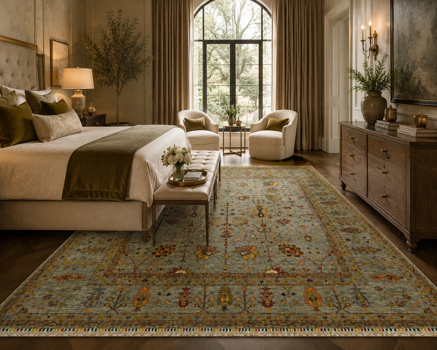 Large Chobi Sultani Diamond Afghan carpet 6.96sqm in grand master bedroom, sage blue-grey hand-knotted wool rug with traditional botanical border, Jawzjan Afghanistan