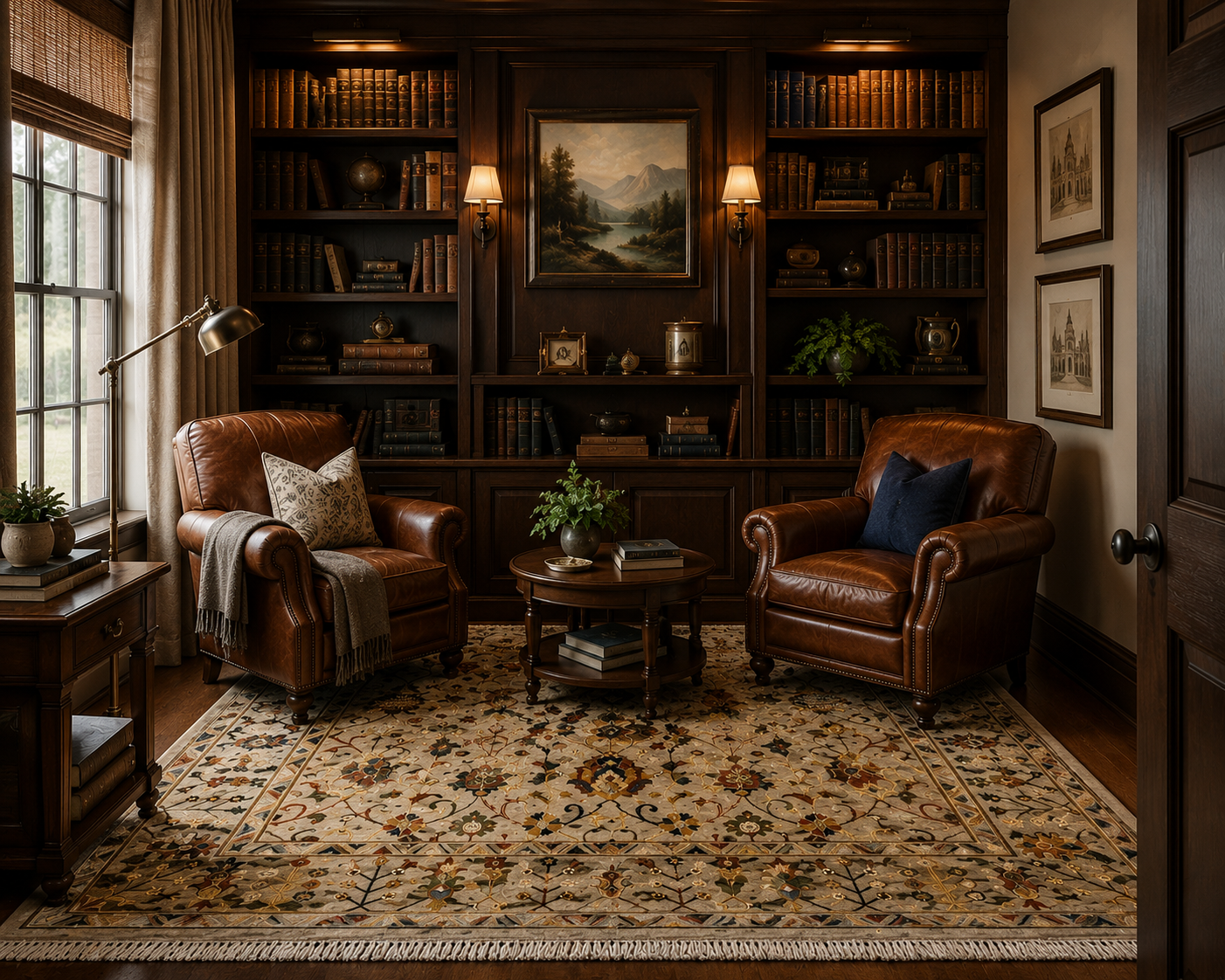 Hand-knotted Afghan carpet with floral botanical design styled in a classic dark wood library, Golden Loom Afghanistan
