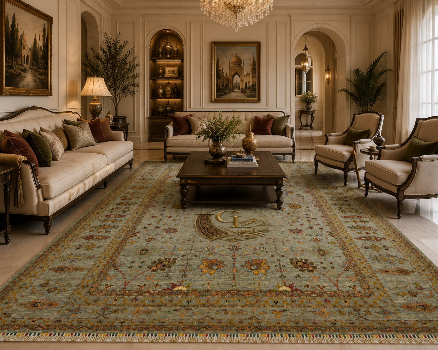 Chobi Sultani Diamond Afghan carpet 248x281cm anchoring a grand formal living room with crystal chandelier, sage blue-grey hand-knotted wool rug with all-over botanical design and antique gold border, Golden Loom Afghanistan