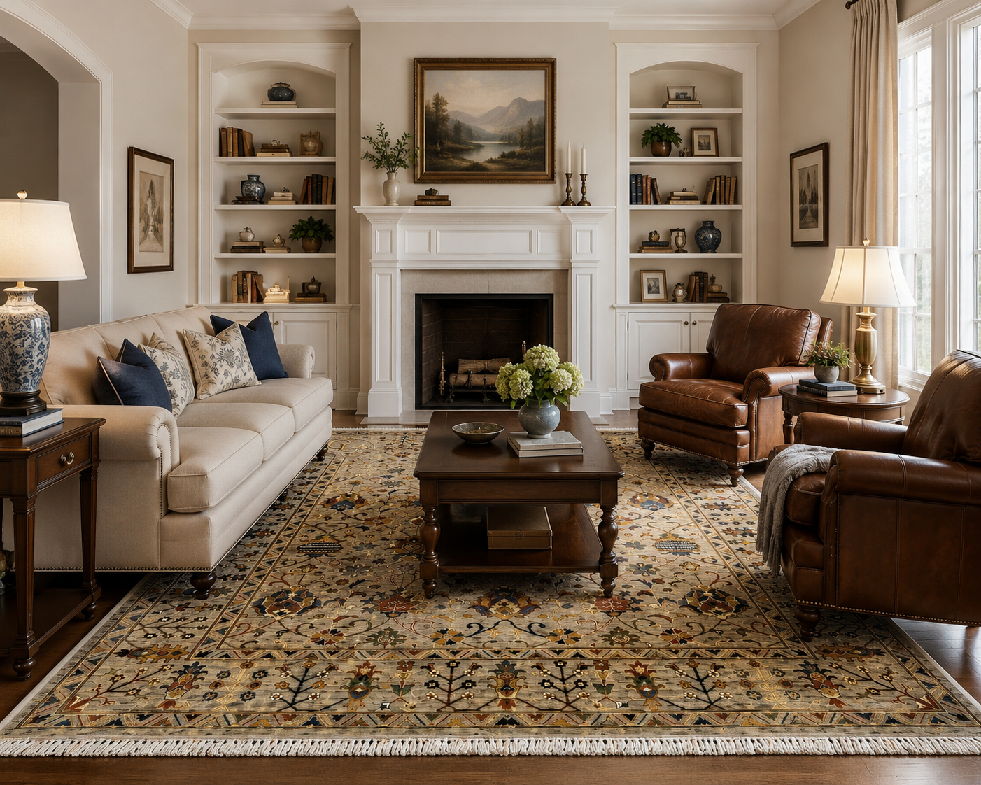 Afghan hand-knotted rug with ivory field and multicolor floral motifs in a bright traditional living room, Golden Loom Afghanistan