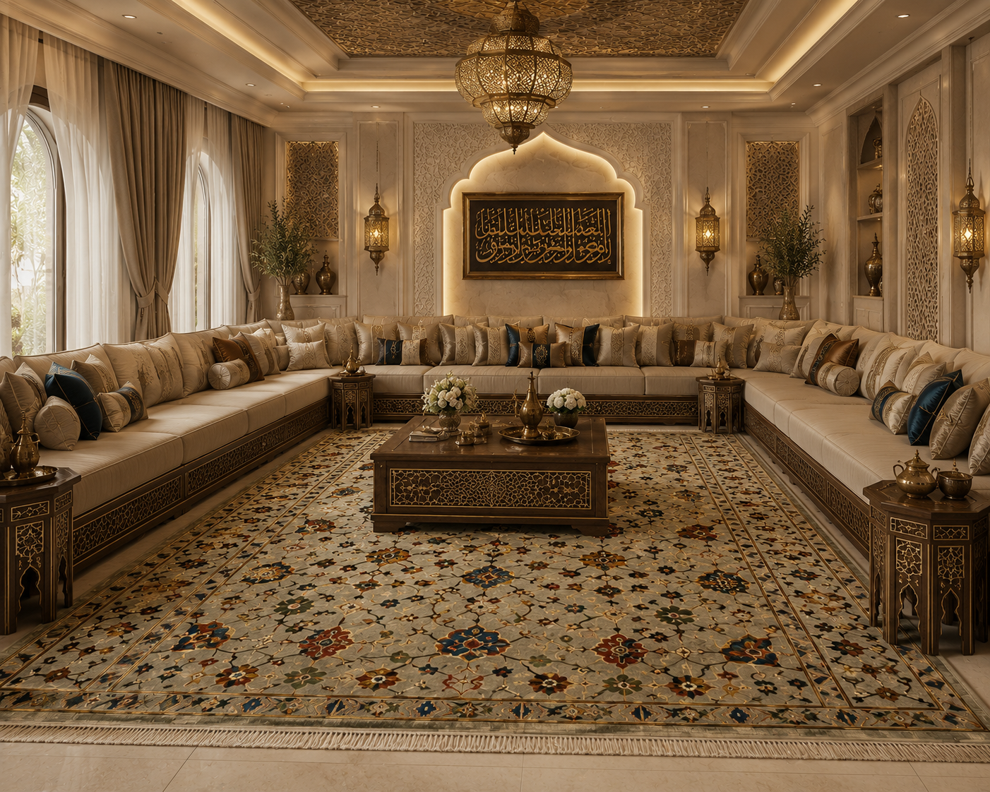 Large hand-knotted Afghan carpet in a luxury Arabic majlis with ornate ceiling and Islamic calligraphy, Golden Loom Afghanistan