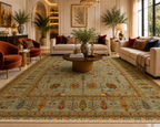 Chobi Sultani Diamond hand-knotted Afghan carpet 6.96sqm styled in a contemporary living room with terracotta and crimson accents, sage green field with saffron, rust and olive botanical motifs, Jawzjan Afghanistan