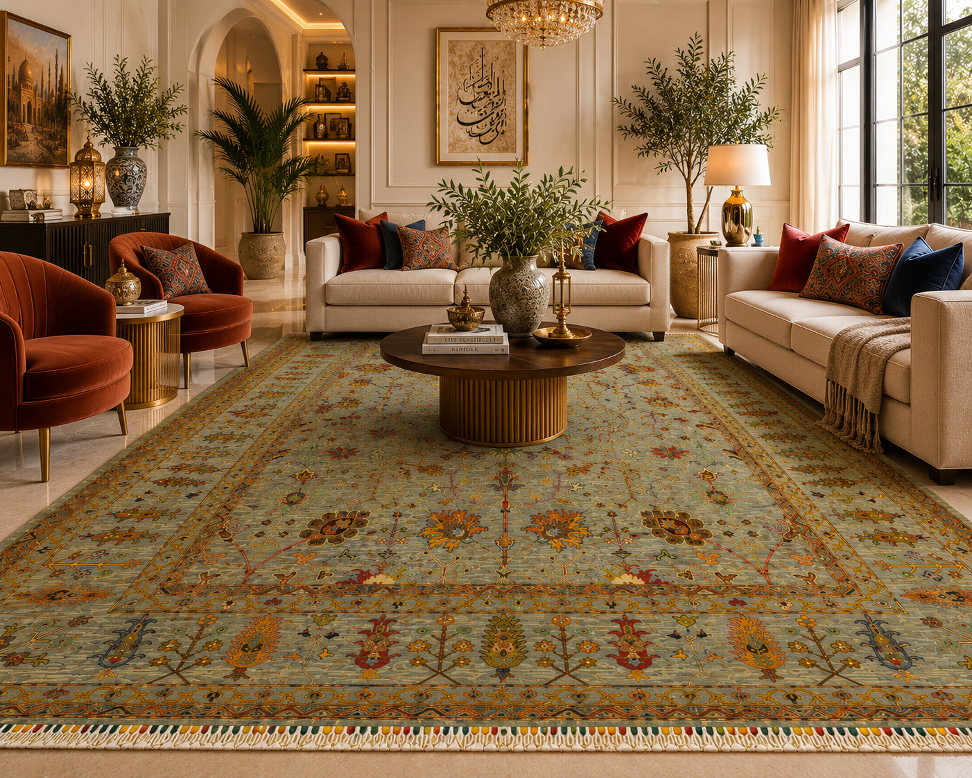 Chobi Sultani Diamond hand-knotted Afghan carpet 6.96sqm styled in a contemporary living room with terracotta and crimson accents, sage green field with saffron, rust and olive botanical motifs, Jawzjan Afghanistan