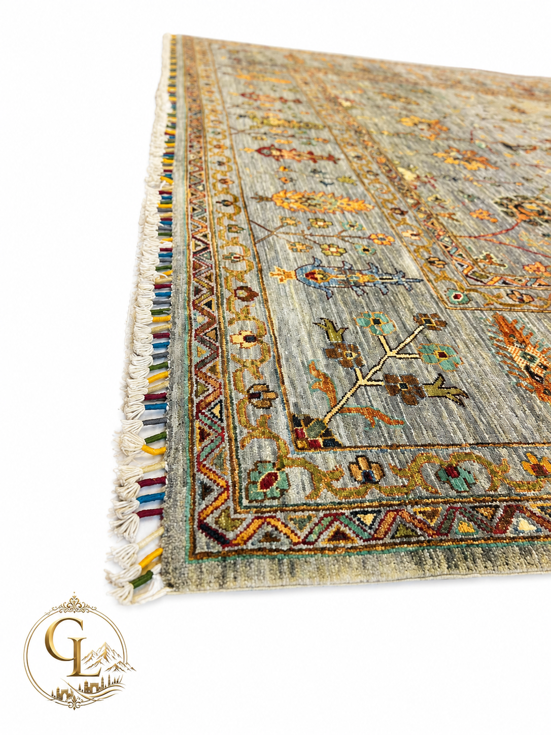 Corner detail of Chobi Sultani Diamond hand-knotted Afghan carpet showing multicolor wool fringe, geometric border in olive and crimson, and sage blue-grey pile, Golden Loom Afghanistan