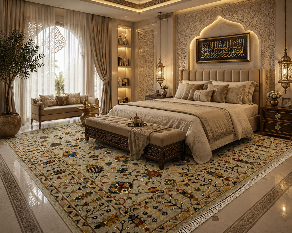 Premium Afghan hand-knotted carpet with botanical design in a luxury Islamic-style bedroom with gold accents, Golden Loom Afghanistan