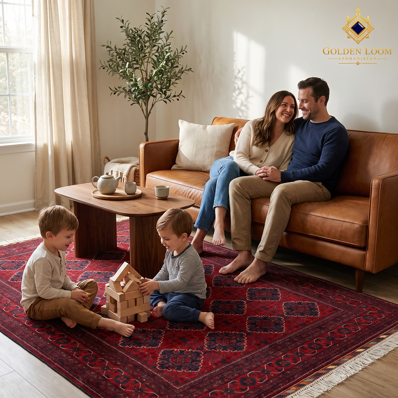 Parents relax on a brown leather sofa as two children play on a red Khal Mohammadi Afghan wool carpet.