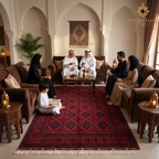 Multigenerational family gathering in an Arabian salon around a red Khal Mohammadi Afghan wool carpet.