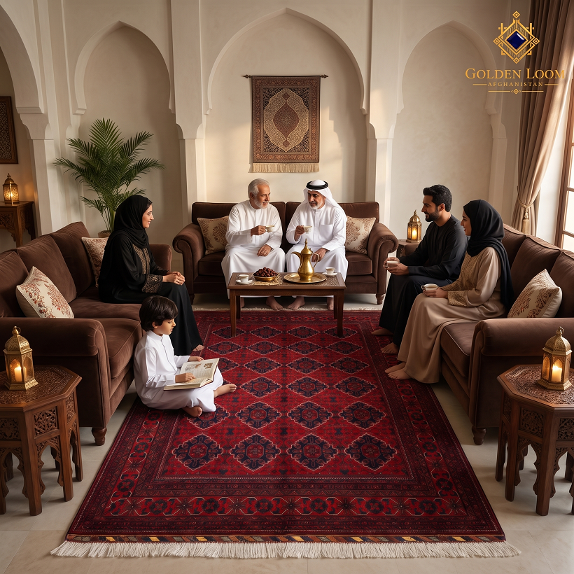 Multigenerational family gathering in an Arabian salon around a red Khal Mohammadi Afghan wool carpet.