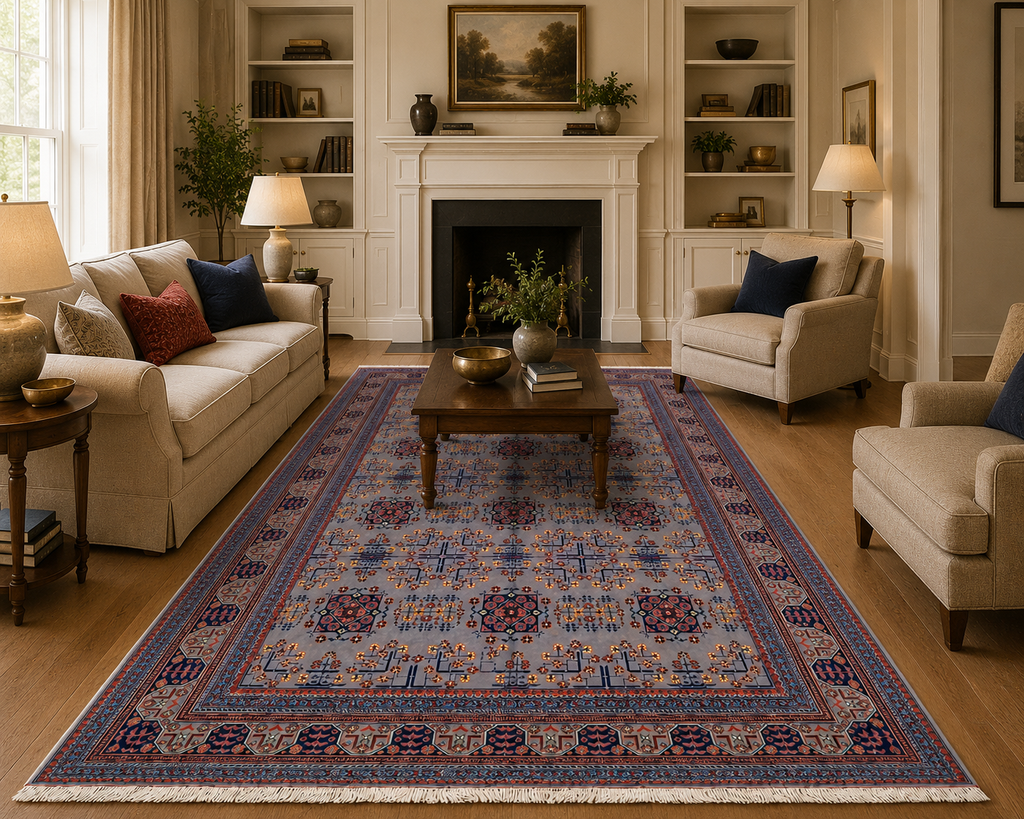 Hand-knotted Afghan Bokhara rug displayed in a formal salon – silver grey and navy blue 100% wool carpet