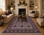 Hand-knotted Afghan Bokhara rug displayed in a formal salon – silver grey and navy blue 100% wool carpet