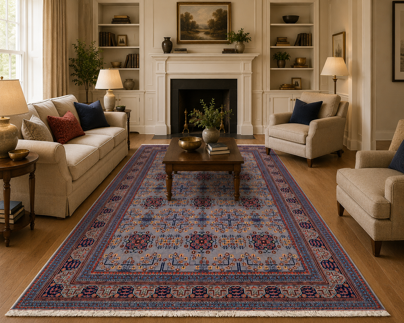 Hand-knotted Afghan Bokhara rug displayed in a formal salon – silver grey and navy blue 100% wool carpet