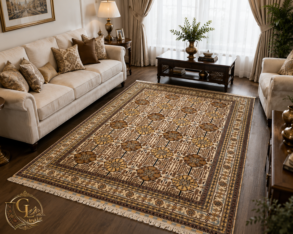 Belzhiki Gandumak hand-knotted Afghan carpet in a classic Western-style living room – ivory field with repeating chocolate brown geometric medallions and antique gold motifs, multi-stripe border, white fringe, styled on dark hardwood floor between two cream sofas with carved wooden coffee table, Golden Loom Afghanistan