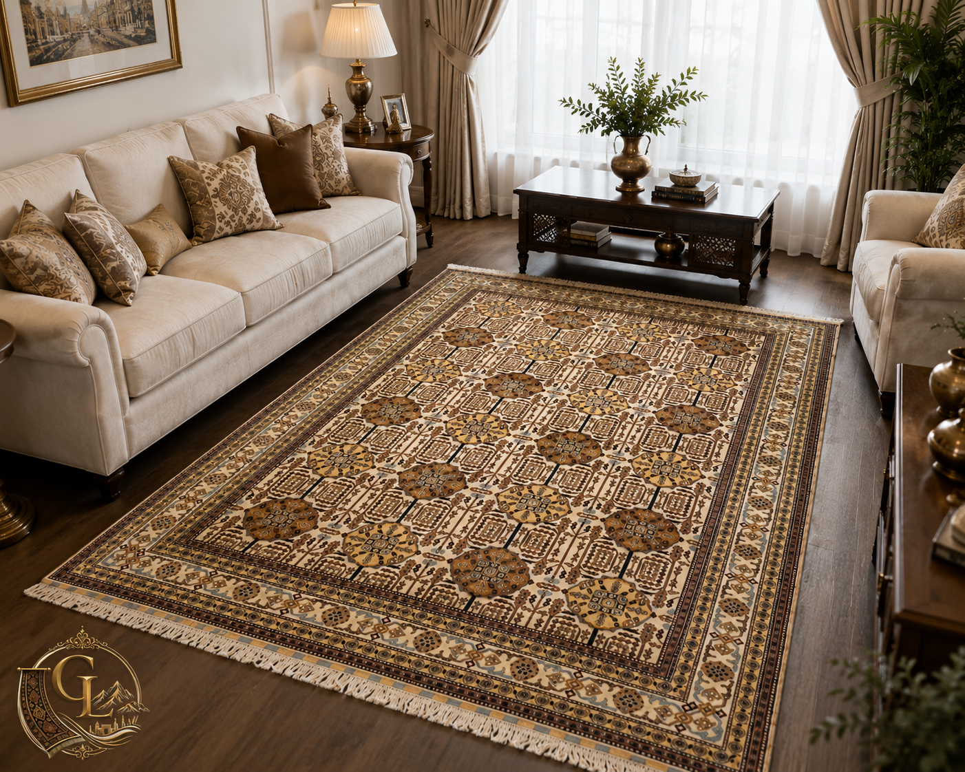 Belzhiki Gandumak hand-knotted Afghan carpet in a classic Western-style living room – ivory field with repeating chocolate brown geometric medallions and antique gold motifs, multi-stripe border, white fringe, styled on dark hardwood floor between two cream sofas with carved wooden coffee table, Golden Loom Afghanistan