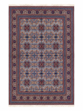 Overhead flat-lay of hand-knotted Afghan Bokhara rug from Qarqin, Jawzjan – silver grey field with navy blue border