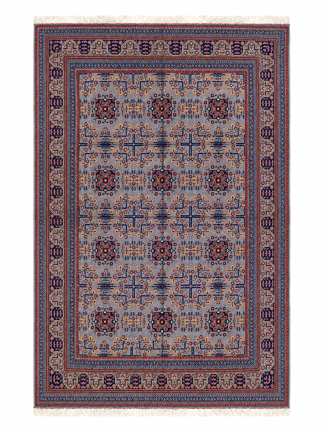Overhead flat-lay of hand-knotted Afghan Bokhara rug from Qarqin, Jawzjan – silver grey field with navy blue border