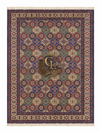 Belzhiki hand-knotted Afghan carpet top view — traditional tile design with interlocking hexagons in burgundy, navy, green and ivory, woven by women artisans in Jawzjan, Afghanistan