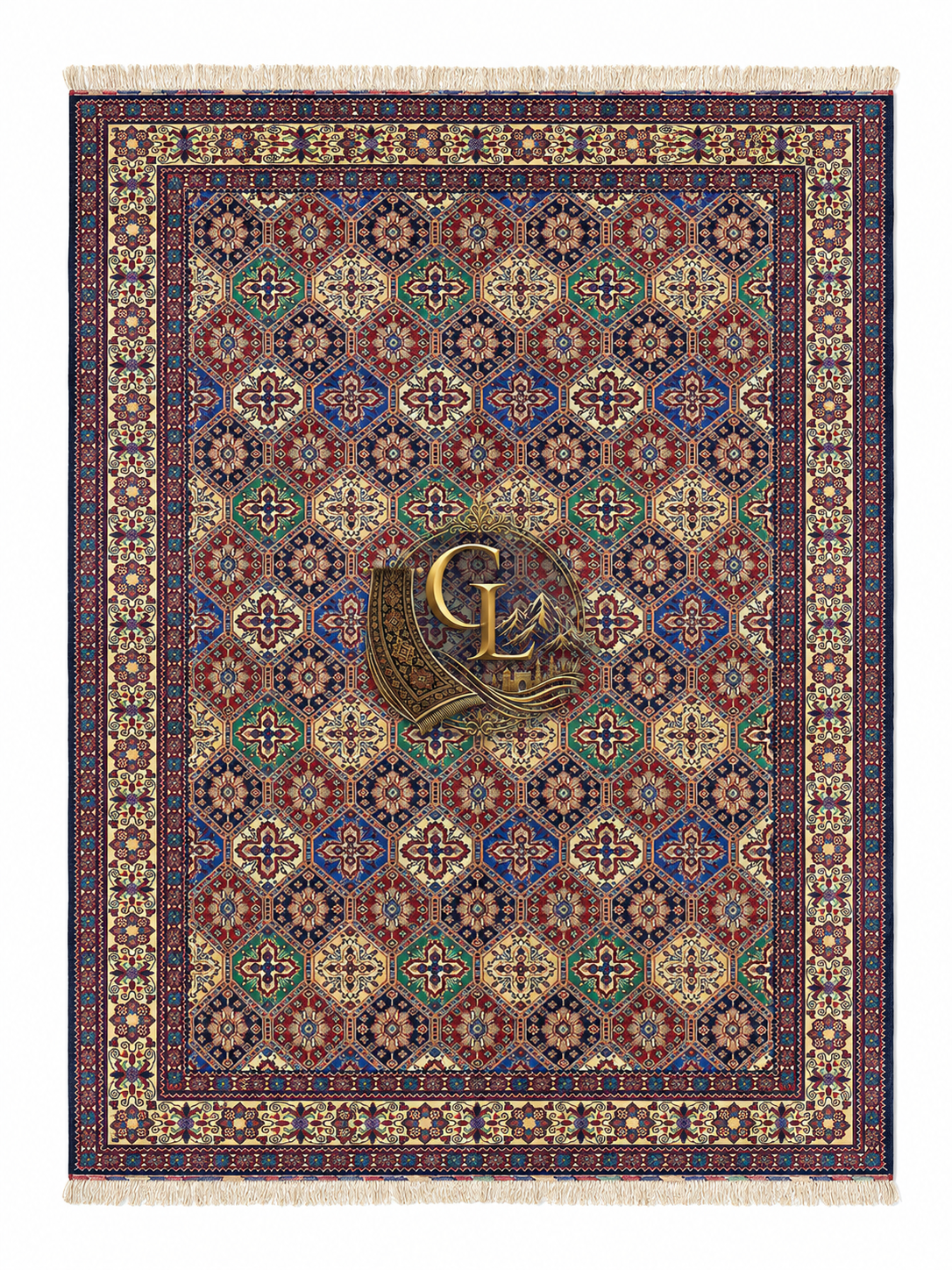 Belzhiki hand-knotted Afghan carpet top view — traditional tile design with interlocking hexagons in burgundy, navy, green and ivory, woven by women artisans in Jawzjan, Afghanistan