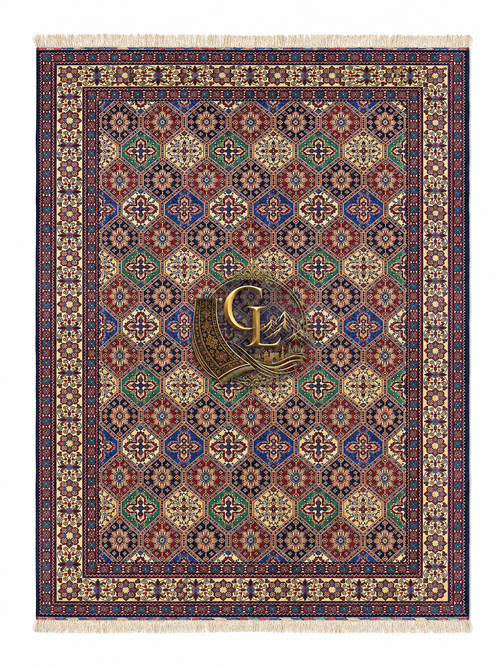 Belzhiki hand-knotted Afghan carpet top view — traditional tile design with interlocking hexagons in burgundy, navy, green and ivory, woven by women artisans in Jawzjan, Afghanistan
