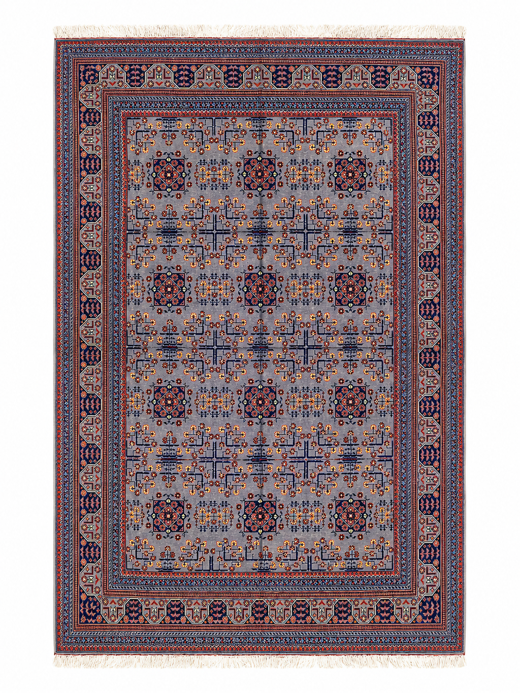 Top-down view of hand-knotted Afghan Bokhara rug in silver grey and navy blue – 100% wool, Qarqin, Jawzjan, Afghanistan