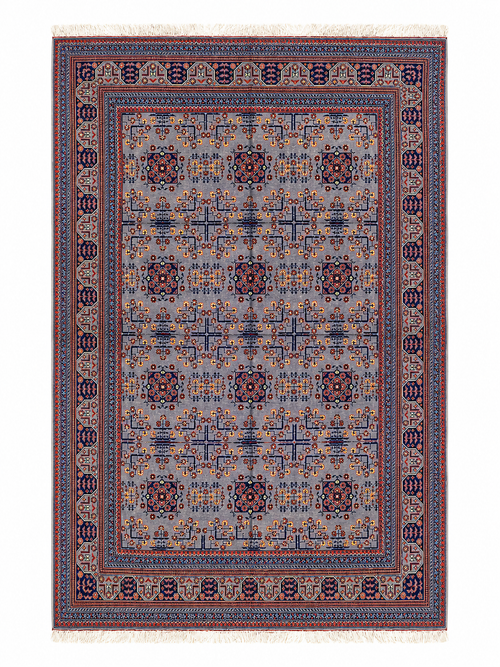 Top-down view of hand-knotted Afghan Bokhara rug in silver grey and navy blue – 100% wool, Qarqin, Jawzjan, Afghanistan