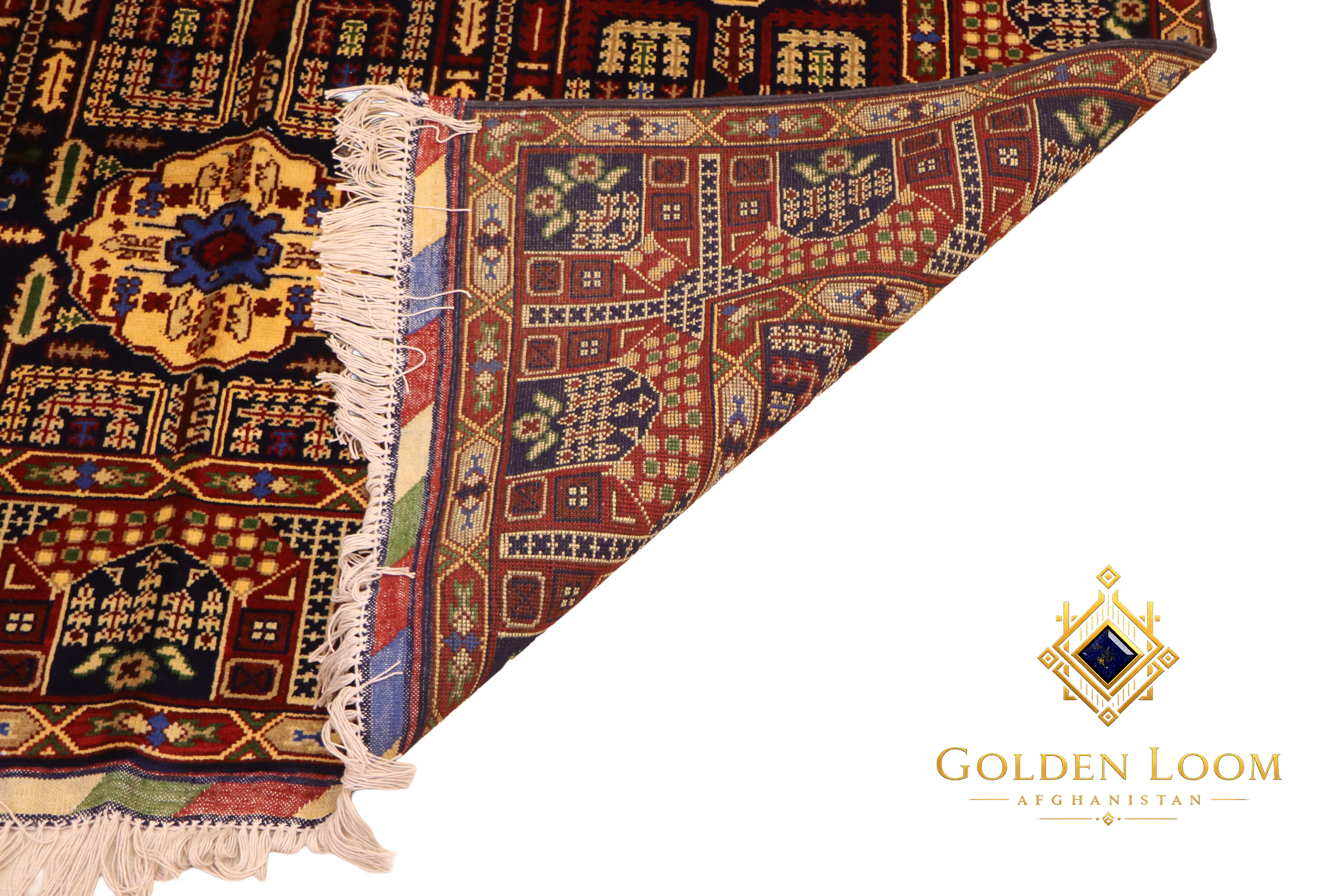 Close-up of the back and fold of a handwoven Afghan wool carpet showing knot density and weave structure, Golden Loom Afghanistan