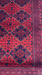 Afghan Khamyab Rug – Full Flat Lay View, Crimson Red & Navy Blue Traditional Pattern