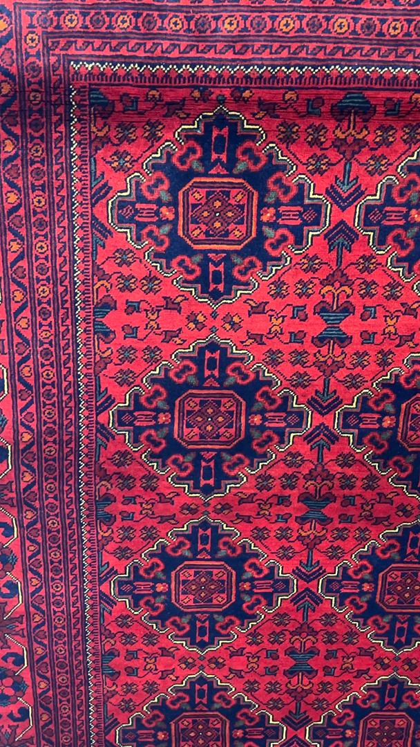 Afghan Khamyab Rug – Full Flat Lay View, Crimson Red & Navy Blue Traditional Pattern