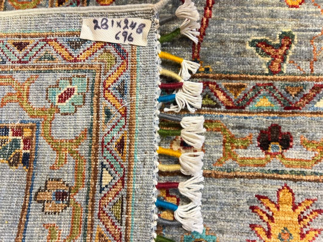 Back of Chobi Sultani Diamond Afghan carpet showing hand-knotted construction, multicolor wool fringe, and size label 281x248cm 6.96sqm, Jawzjan Afghanistan