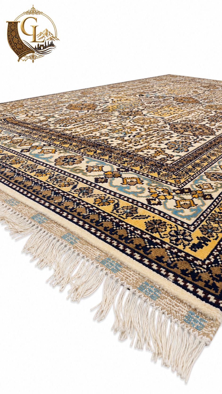 Angled perspective view of Belzhiki Gandumak hand-knotted Afghan carpet on white background – showcasing ivory field with geometric Gandumak pattern, multi-stripe border in navy, teal, antique gold and sage green, long white hand-knotted fringe, Golden Loom Afghanistan brand, Sheberghan craftsmanship
