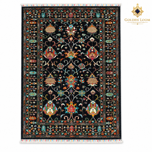 Top view of black hand-knotted Afghan wool carpet with colourful floral motifs, fringed ends and Golden Loom Afghanistan logo