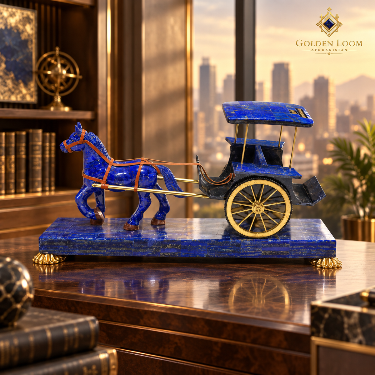 Afghan lapis lazuli horse carriage styled in a refined library with equestrian artwork.