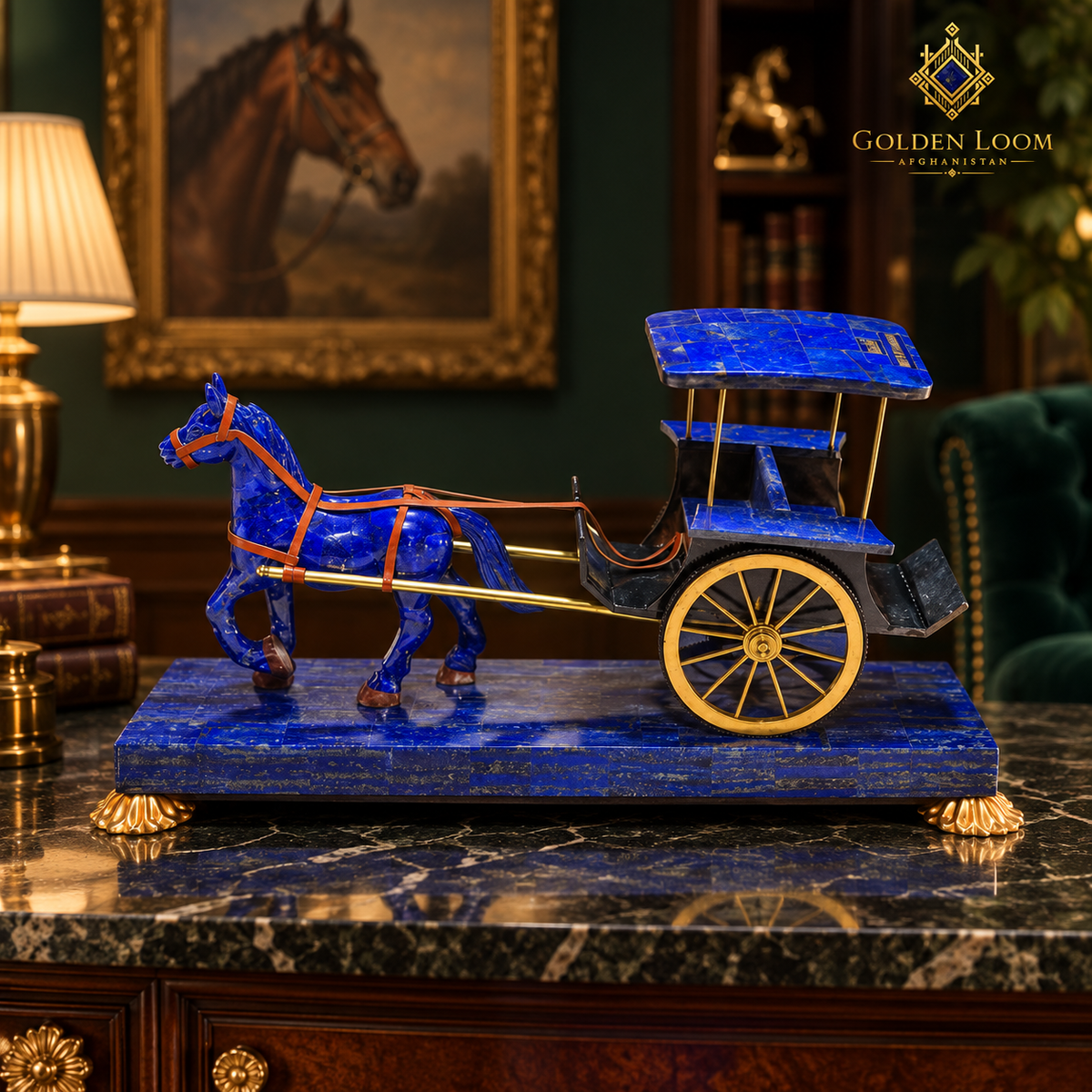 Three-quarter view highlighting the lapis horse, carriage body, brass-spoked wheel and gemstone platform.