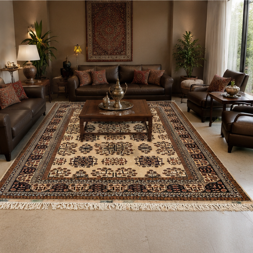Hand-knotted Afghan wool carpet with ivory and brown motifs styled in a classic luxury living room