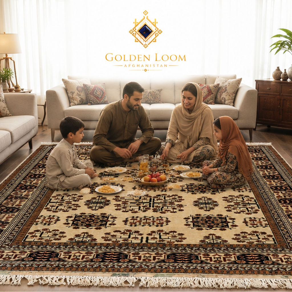 Afghan family gathered on a hand-knotted ivory wool carpet in a bright, elegant living room