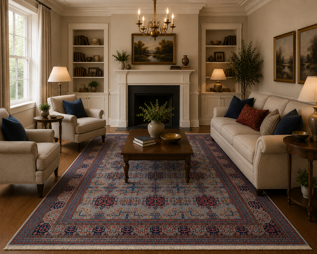 Hand-knotted Afghan Bokhara rug styled in a modern living room – silver grey and navy blue wool carpet