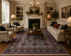 Hand-knotted Afghan Bokhara rug styled in a modern living room – silver grey and navy blue wool carpet