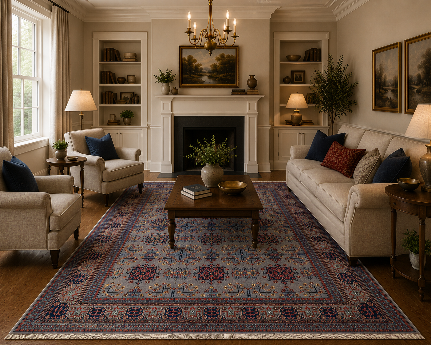 Hand-knotted Afghan Bokhara rug styled in a modern living room – silver grey and navy blue wool carpet