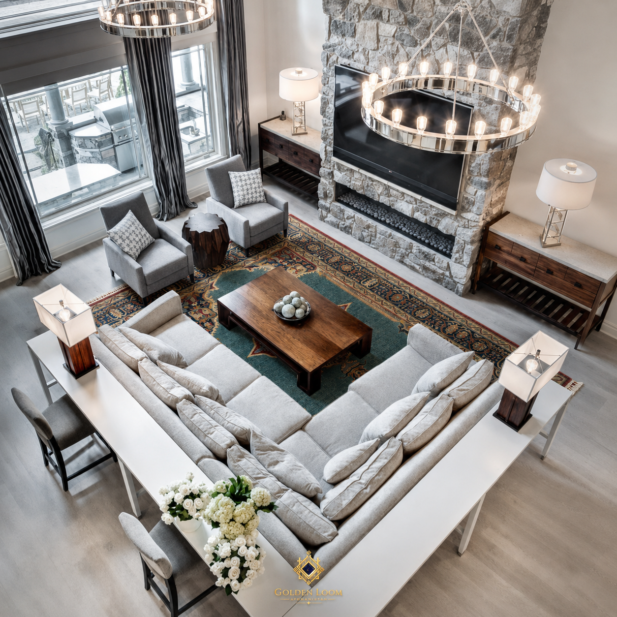 Overhead view of Kashan Blue Afghan hand-knotted carpet anchoring a luxury living room with stone fireplace and sectional sofa