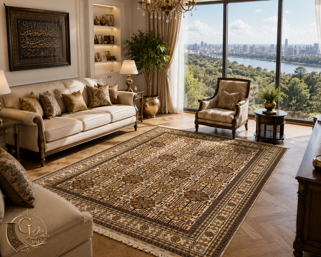 Belzhiki Gandumak hand-knotted Afghan carpet styled in a luxury living room – chocolate brown and antique gold Gandumak pattern on ivory field, placed on herringbone parquet floor beneath crystal chandelier, cream sofa with gold cushions, floor-to-ceiling city view windows, Golden Loom Afghanistan