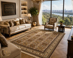 Belzhiki Gandumak hand-knotted Afghan carpet styled in a luxury living room – chocolate brown and antique gold Gandumak pattern on ivory field, placed on herringbone parquet floor beneath crystal chandelier, cream sofa with gold cushions, floor-to-ceiling city view windows, Golden Loom Afghanistan