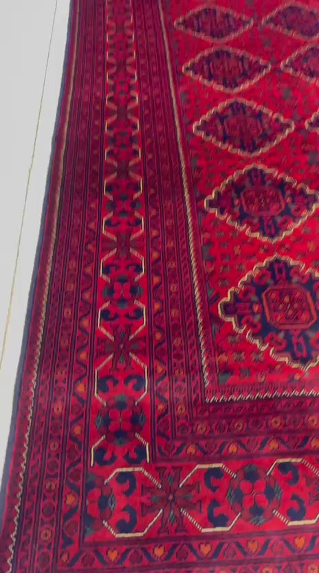 Hand-Knotted Afghan Classic Rug – Crimson Red & Navy Blue | 100% Wool | Khamyab, Jawzjan
